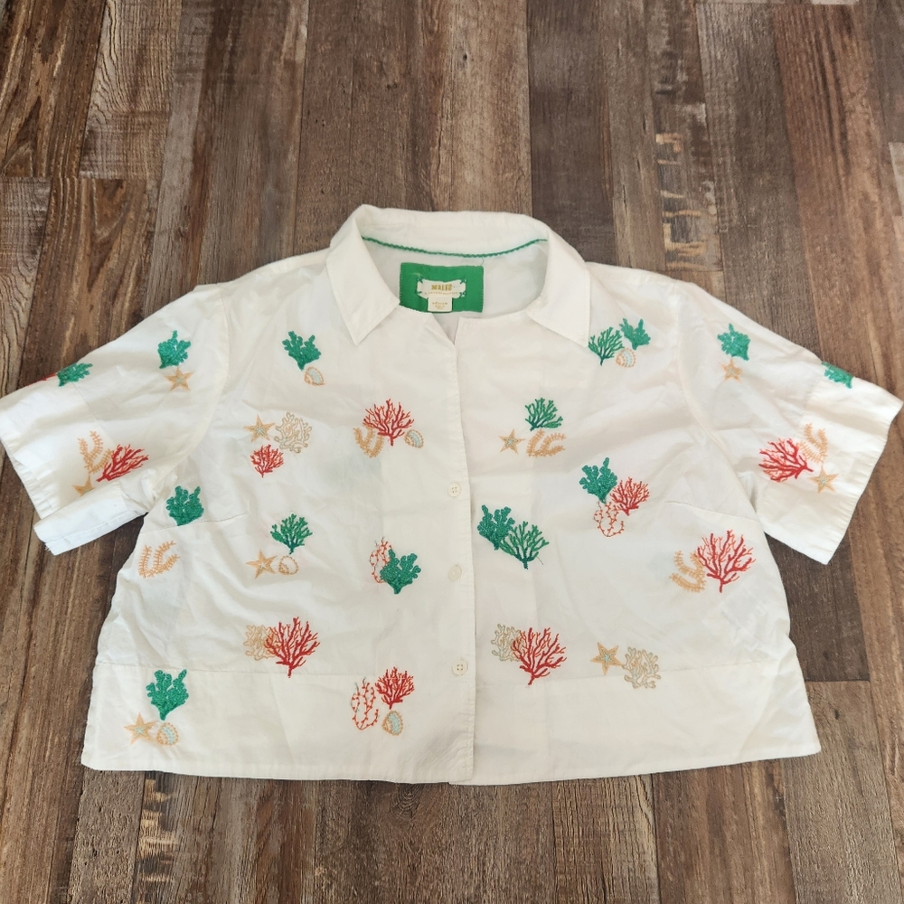Anthropologie Maeve Oversized Cropped Embroidered Surf Top - Picture 3 of 9